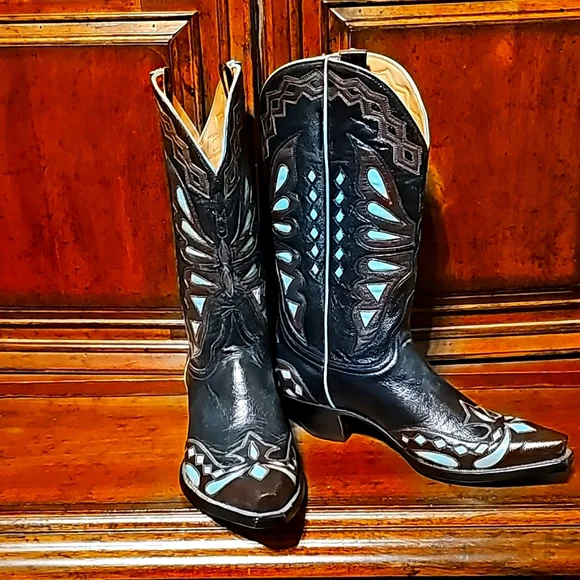 OLD GRINGO MONARCA BUTTERFLY INLAY BOOTS BLACK BROWN AND TURQUOISE 7M NWT! - Picture 1 of 7